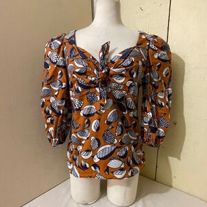 Eva Franco Women Small Anthropologie Orange Bird Print Puff Sleeve Tie Blouse
